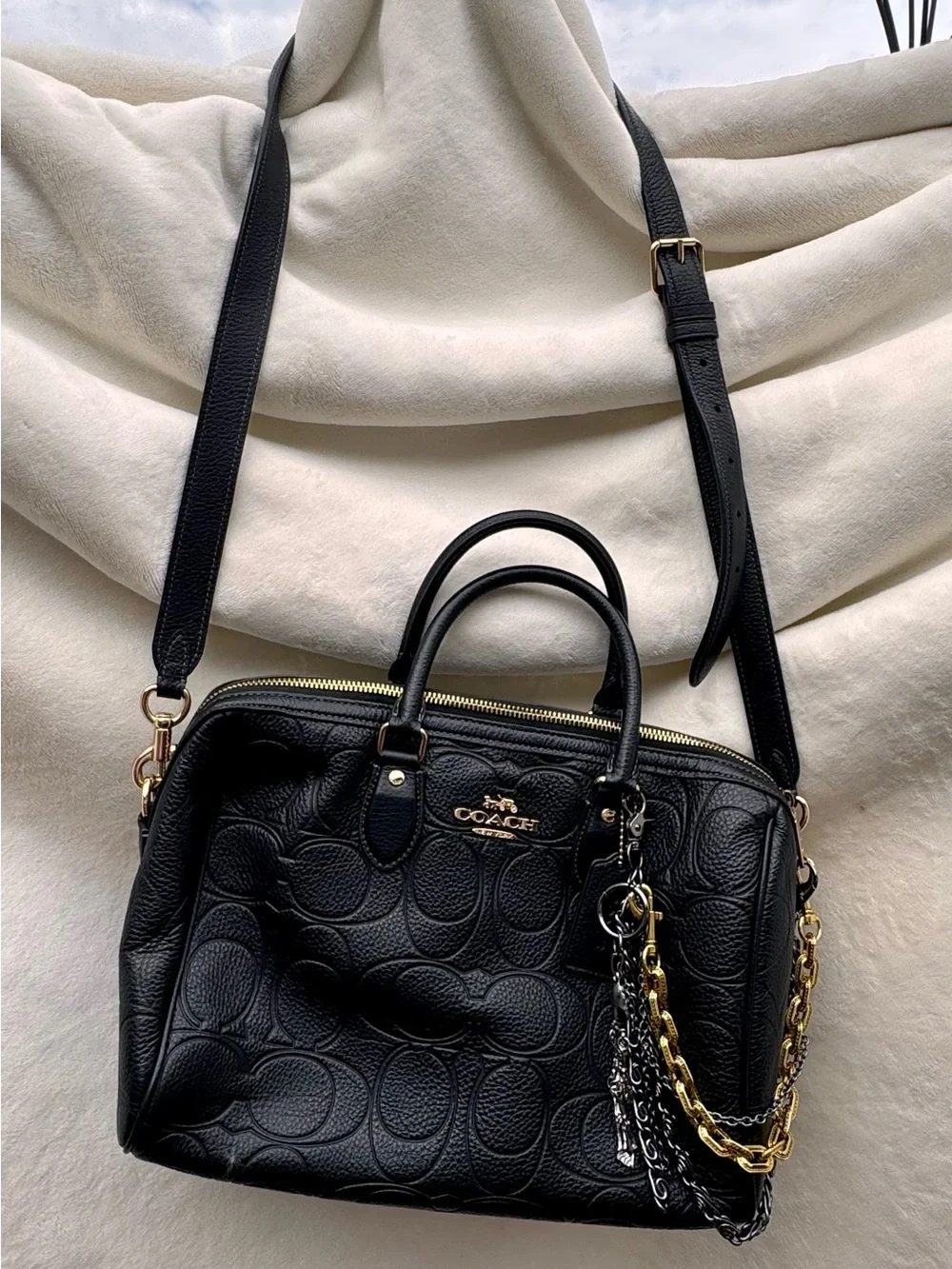 Coach Black Embossed Pebbled Leather Satchel with Mixed Metal Chains - Picture 9 of 10